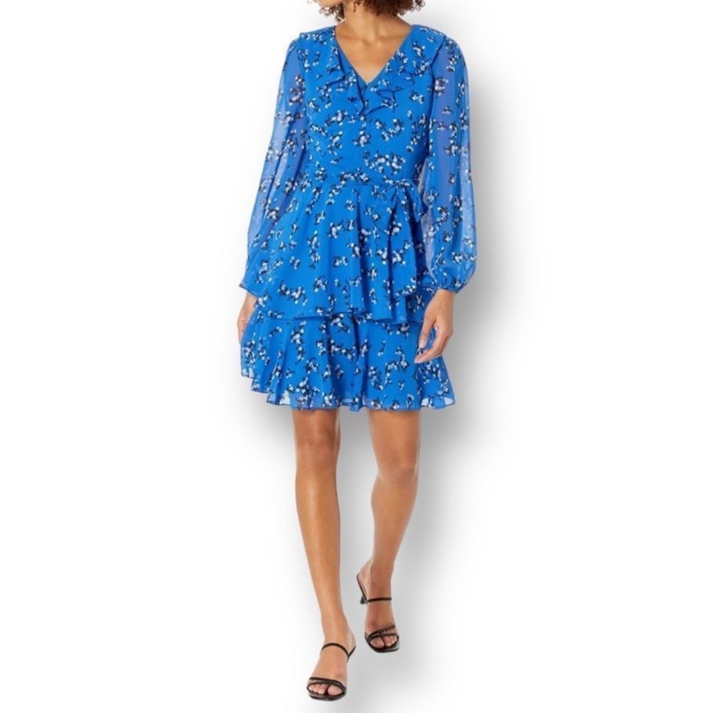 Karl Lagerfeld Blue Floral Long-Sleeve Ruffle Dress